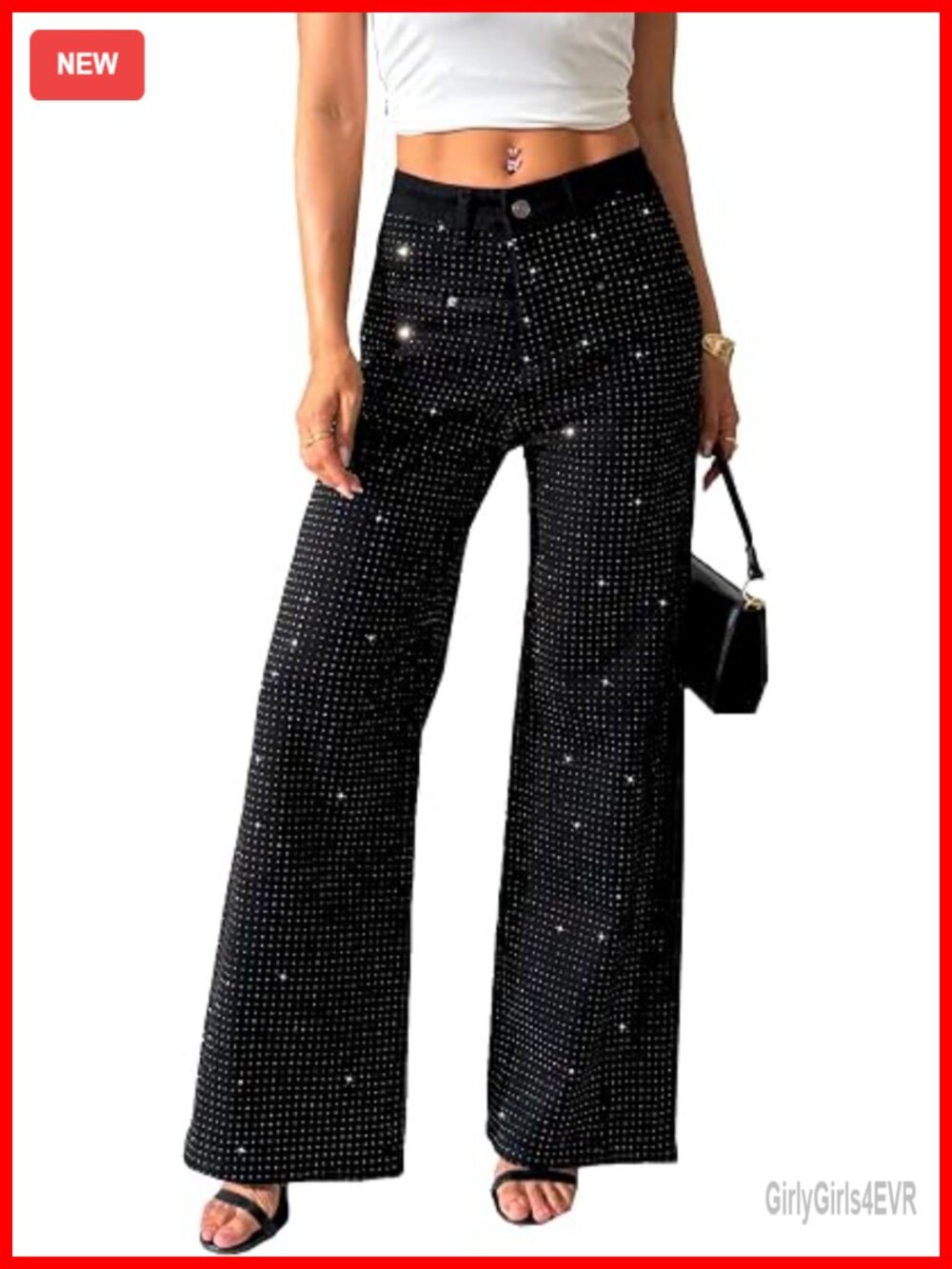 Wide Leg Flare Denim Pants High Waist Sparkle Shiny Sequin Glitter Trouser